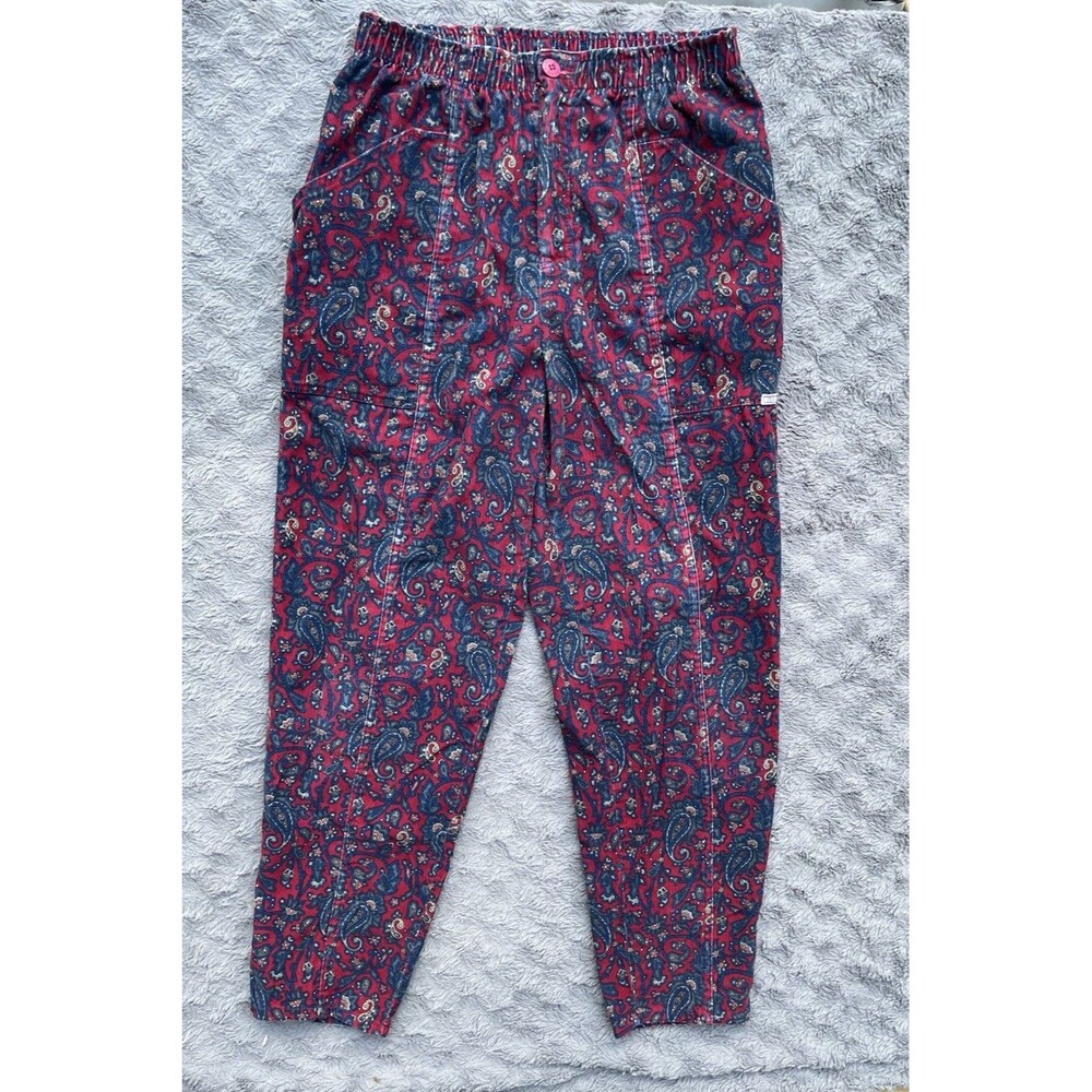 Vtg Cherokee Corduroy Navy Maroon Paisley Baggy Tapered High Rise Size 14/L